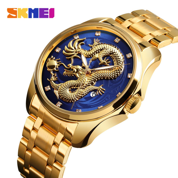 SKMEI Luxo Dragão Dourado Relógio de Quartzo Relógios dos homens À Prova D 'Água Relógio de Pulso de Aço Inoxidável Chinês Relógio  Relogio masculino