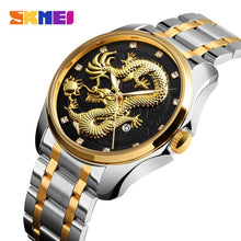 Carregar imagem no visualizador da galeria, SKMEI Luxo Dragão Dourado Relógio de Quartzo Relógios dos homens À Prova D 'Água Relógio de Pulso de Aço Inoxidável Chinês Relógio  Relogio masculino