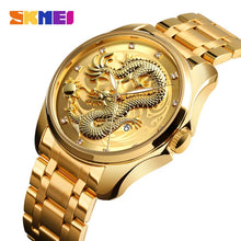 Carregar imagem no visualizador da galeria, SKMEI Luxo Dragão Dourado Relógio de Quartzo Relógios dos homens À Prova D 'Água Relógio de Pulso de Aço Inoxidável Chinês Relógio  Relogio masculino