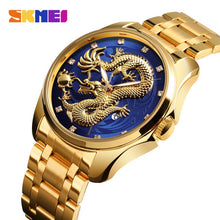 Carregar imagem no visualizador da galeria, SKMEI Luxo Dragão Dourado Relógio de Quartzo Relógios dos homens À Prova D 'Água Relógio de Pulso de Aço Inoxidável Chinês Relógio  Relogio masculino