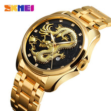 Carregar imagem no visualizador da galeria, SKMEI Luxo Dragão Dourado Relógio de Quartzo Relógios dos homens À Prova D 'Água Relógio de Pulso de Aço Inoxidável Chinês Relógio  Relogio masculino